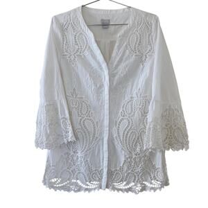 Chicos Embroidered Eyelet Tunic White Cotton Lace Detail Women Size 1 Medium